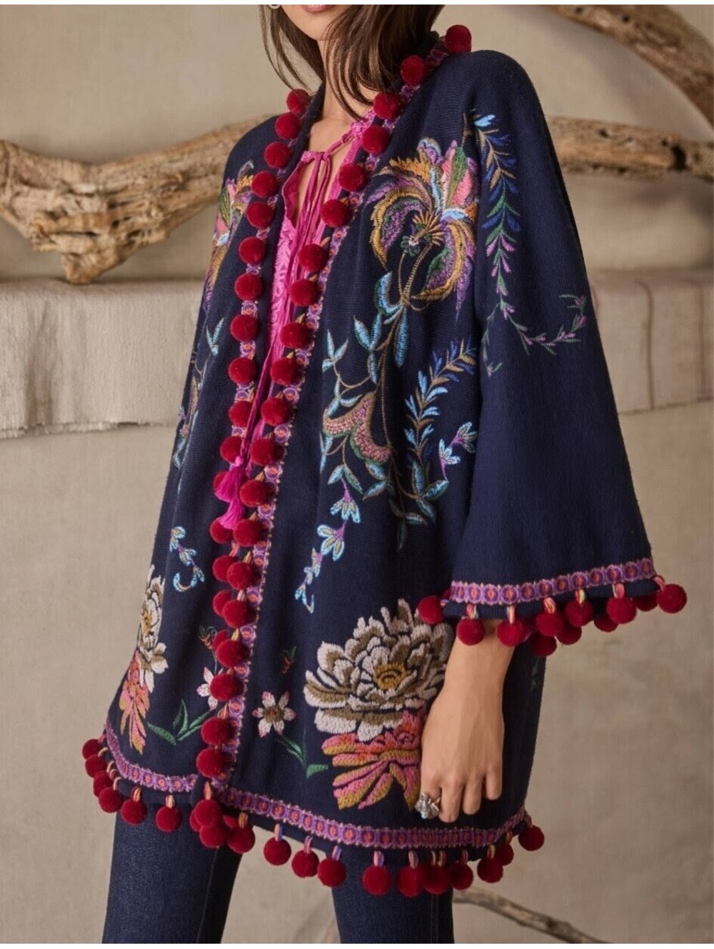 Johnny Was Biya Jurrah Blue Nights Embroidered Short Kimono Sweater NWT Sz XXL